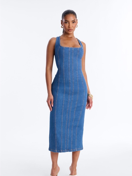 Fashion Nova Dresses & Skirts - Fashion Nova Blue Denim Square-Neck Midi Dress